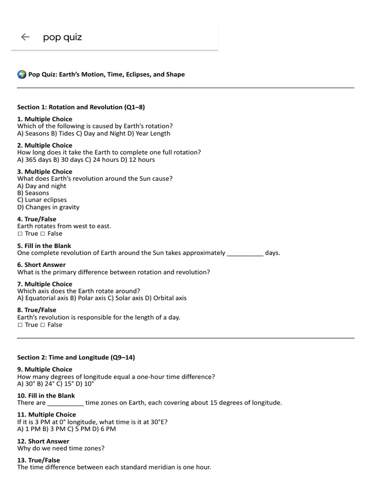 Earth’s Motion and Time Quiz | PDF | Eclipse | Moon