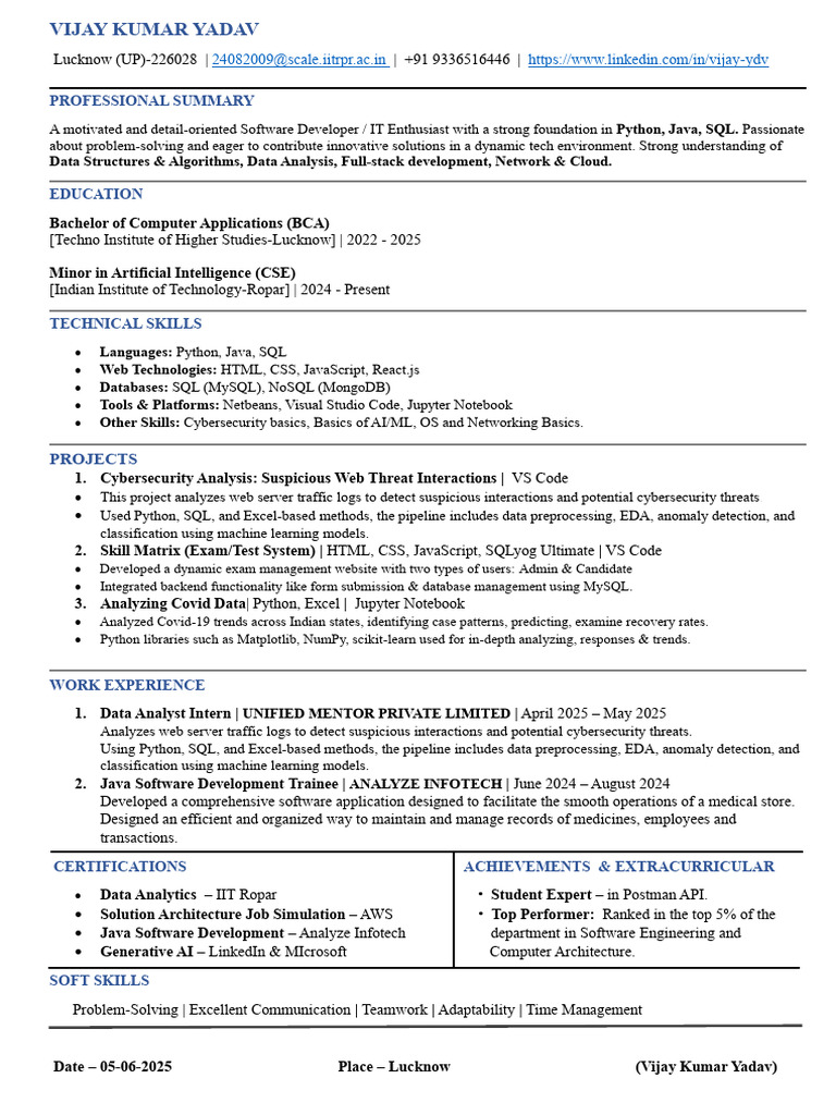 Resume Vijay Kumar Yadav PDF | PDF | Machine Learning | Python ...