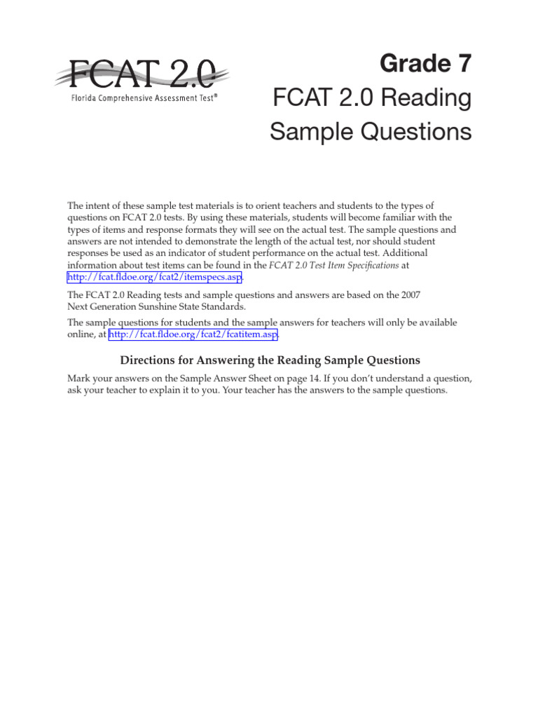 Grade 7 FCAT 2.0 Reading Samples | PDF