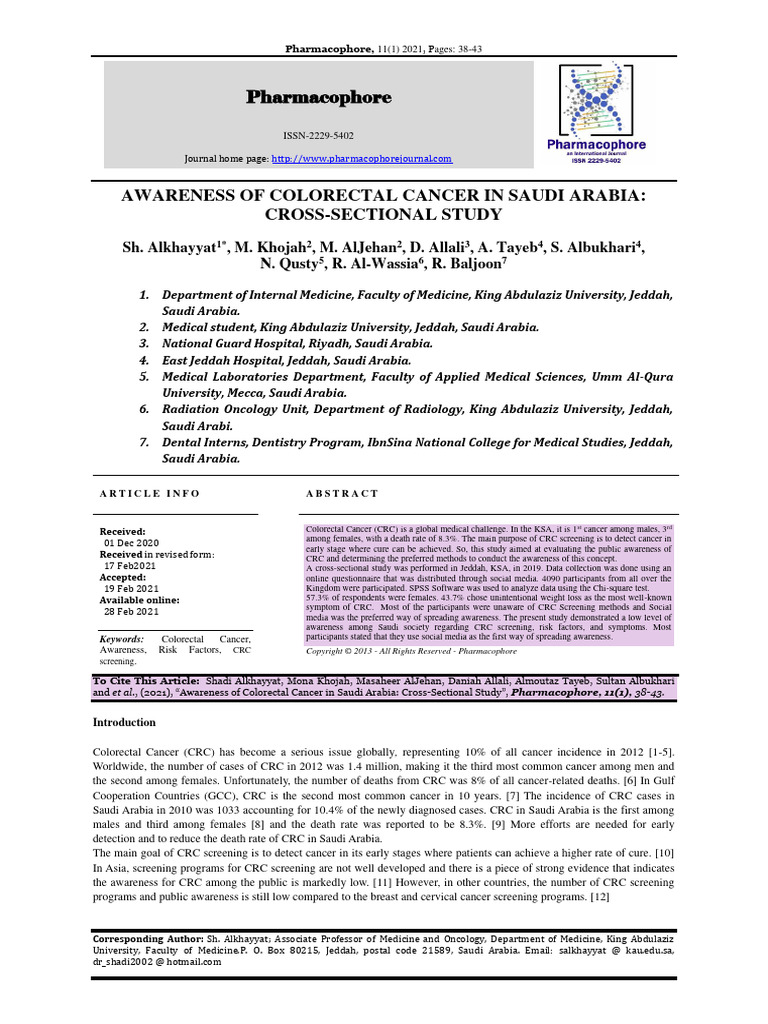 Awareness of Colorectal Cancer in Saudi Arabia Cross Sectional Study ...