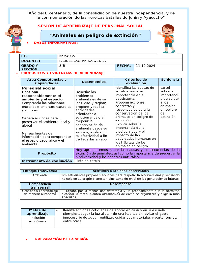 Sesión de Aprendizaje de Personal Social | PDF | Especie en peligro ...