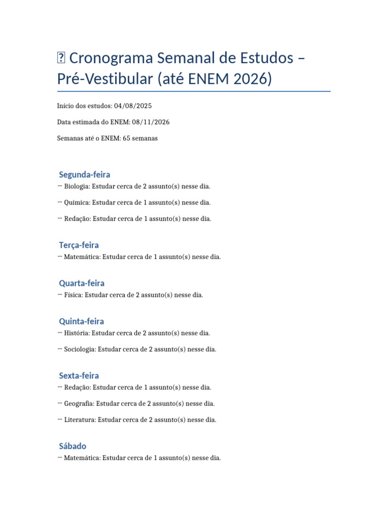 Cronograma de Estudos para ENEM 2026 | PDF