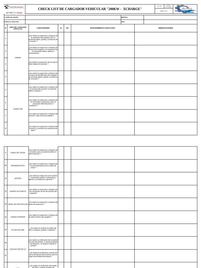 Checklist Cargador Vehicular 200KW | PDF | Conector eléctrico