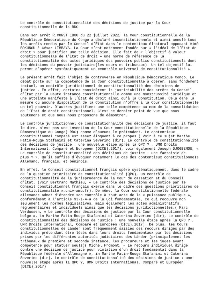 Contrôle constitutionnel en RDC : enjeux et débats | PDF | Constitution ...