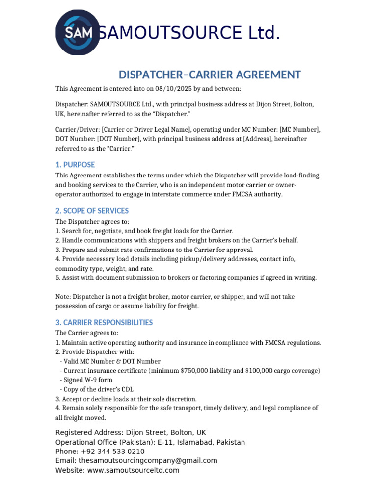Dispatcher Carrier Agreement | PDF | Cargo | Internal Revenue Service