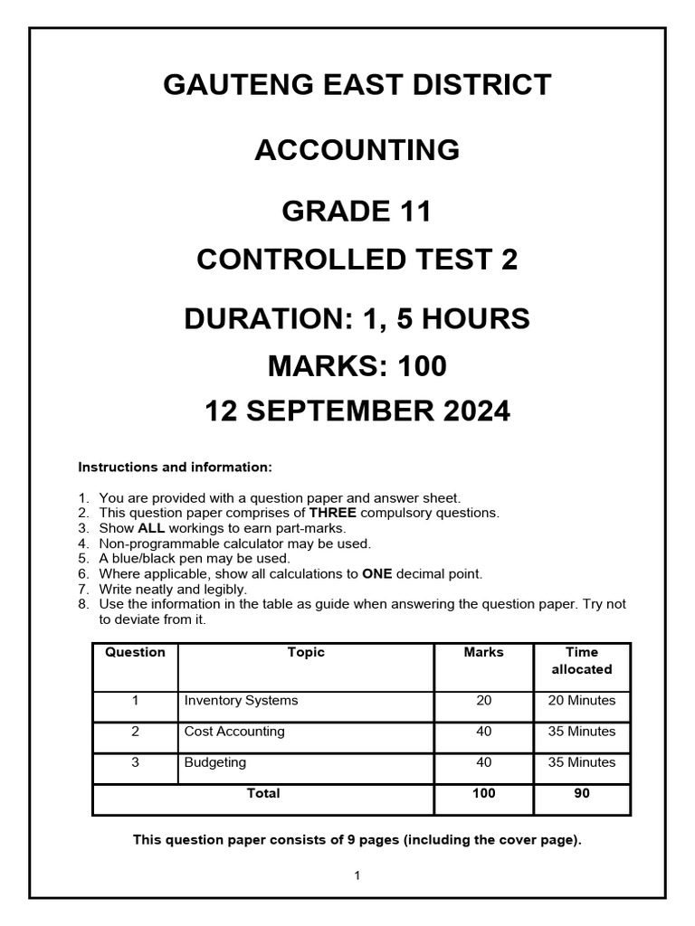 Gauteng East District Grade 11 Accounting Test | PDF | Budget | Income ...
