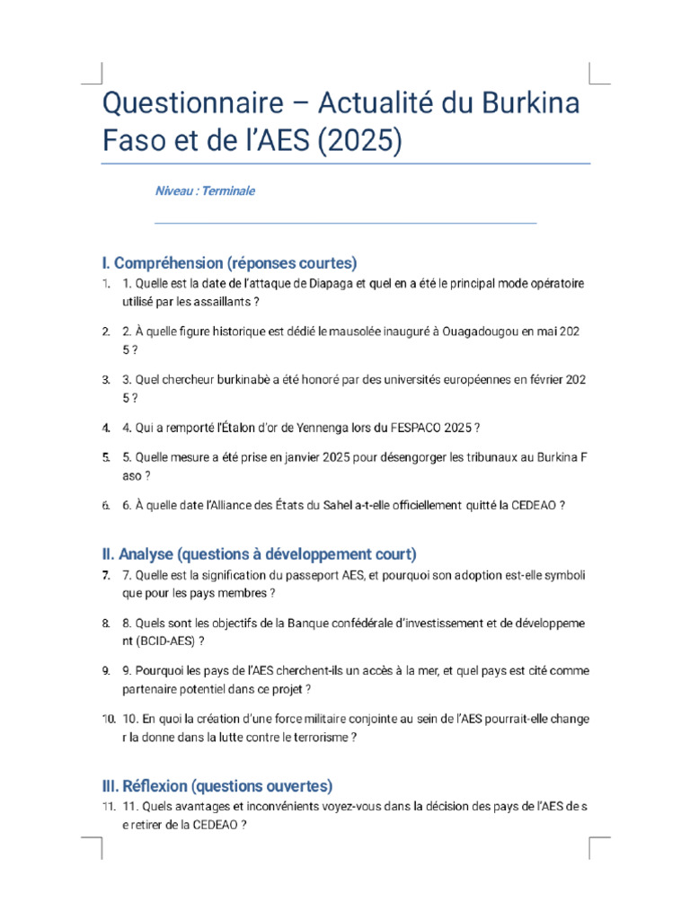 Questionnaire Actualite Burkina AES Terminale Phoenix | PDF