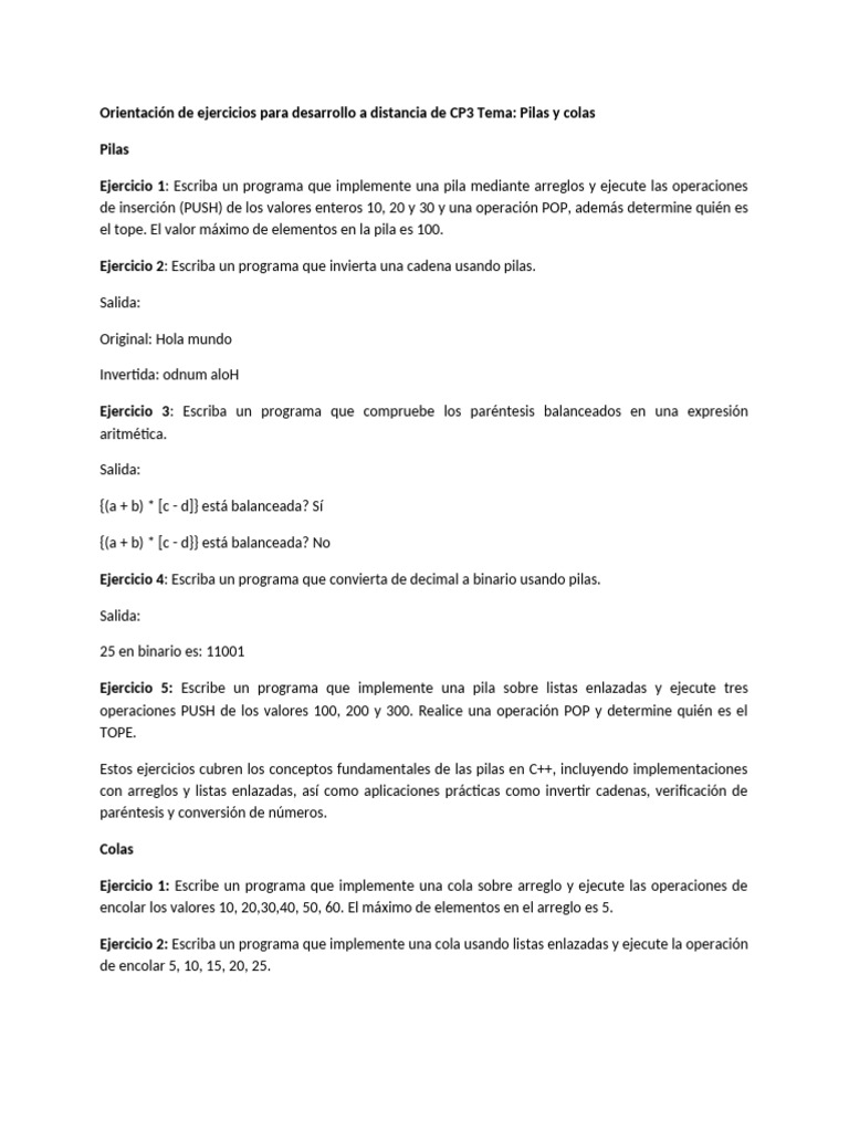 Ejercicios de Pilas y Colas en C++ | PDF