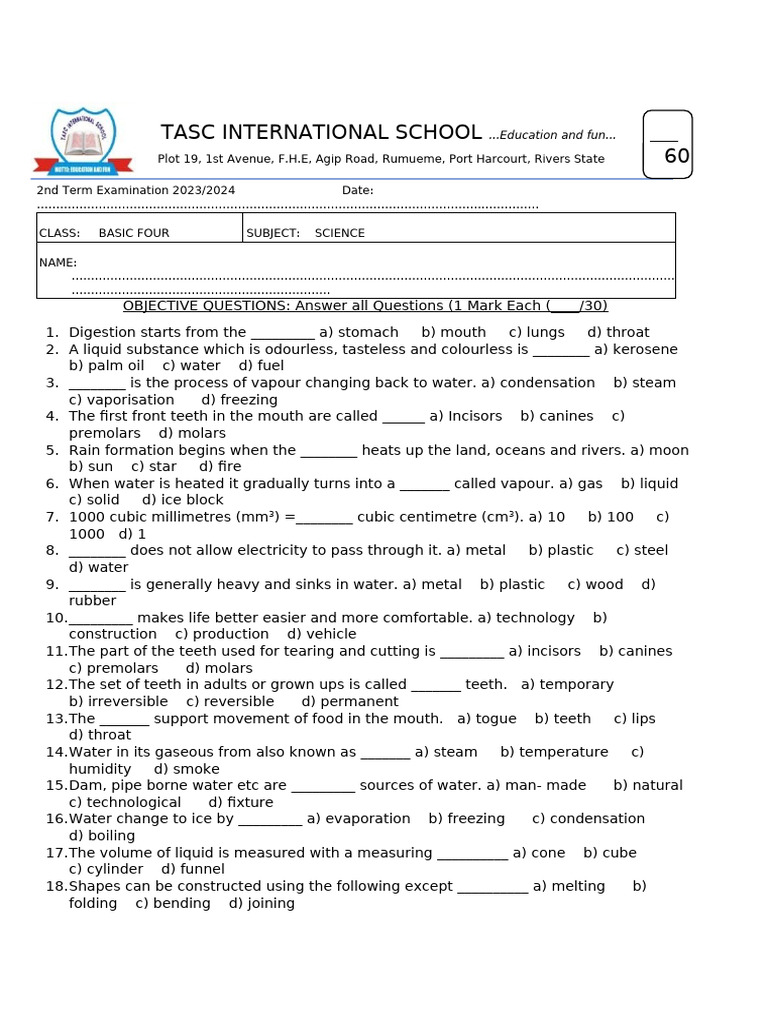 Basic Four Science Exam 2023/2024 | PDF | Usb | Musical Instruments