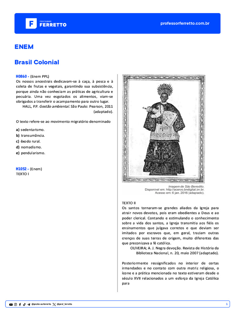 Questões sobre Brasil Colonial no ENEM | PDF | Brasil | Escravidão