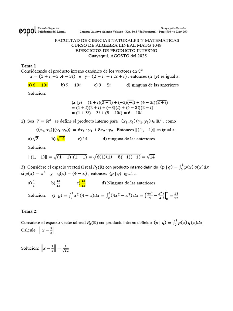 Ejercicios de Álgebra Lineal y Producto Interno | PDF | Base (álgebra ...