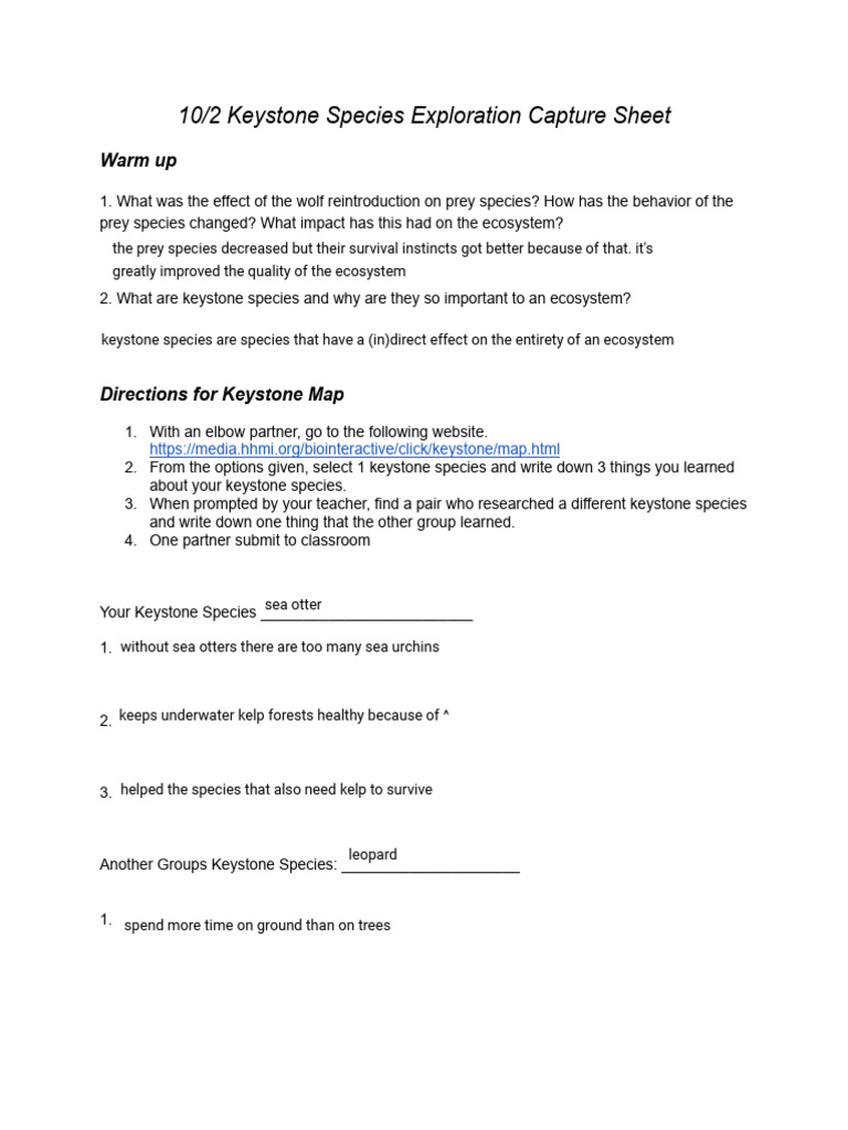 Keystone Species Impact Exploration Sheet | PDF