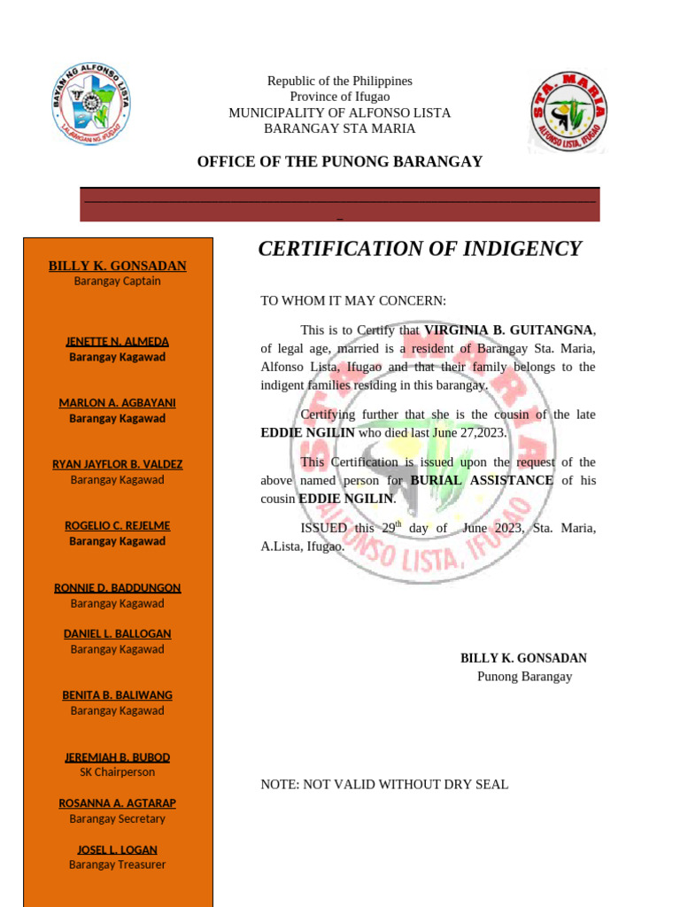 Certificate of Indigency for Burial Aid | PDF