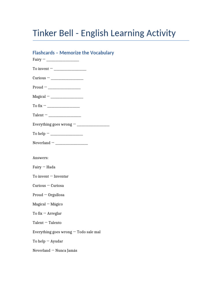 Tinker Bell Vocabulary and Quiz Answers | PDF