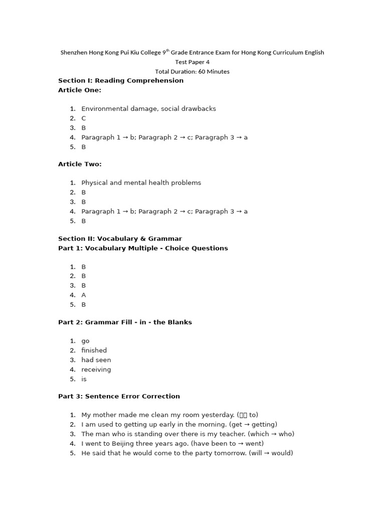 9th Grade English Exam Paper for HK Curriculum | PDF