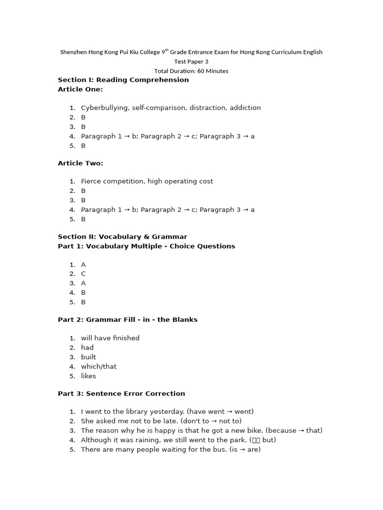 9th Grade English Exam Paper for HK Curriculum | PDF