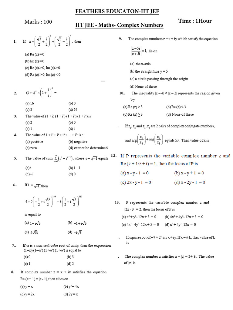 Complex Numbers: IIT JEE Practice Questions | PDF | Complex Analysis ...