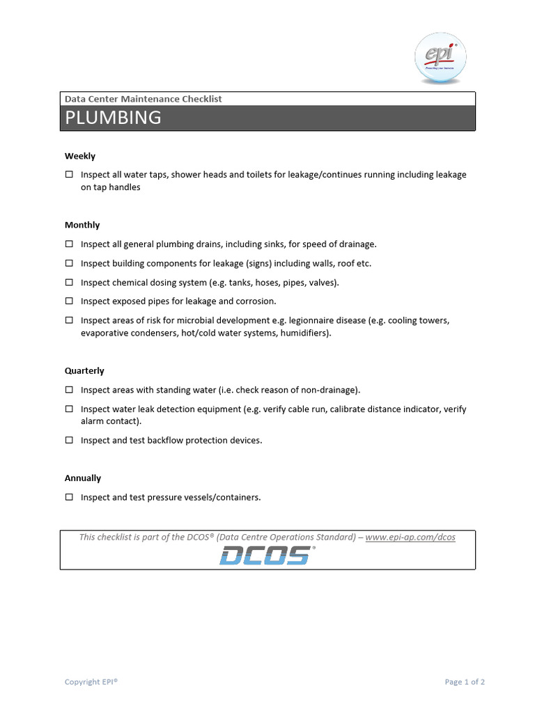 02 DCOS Plumbing Maintenance Checklist | PDF | Leak | Plumbing