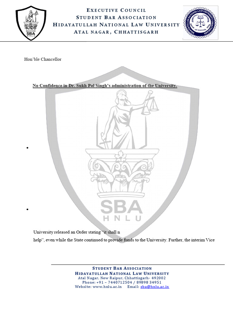 HNLU SBA No Confidence Motion Against VC | PDF