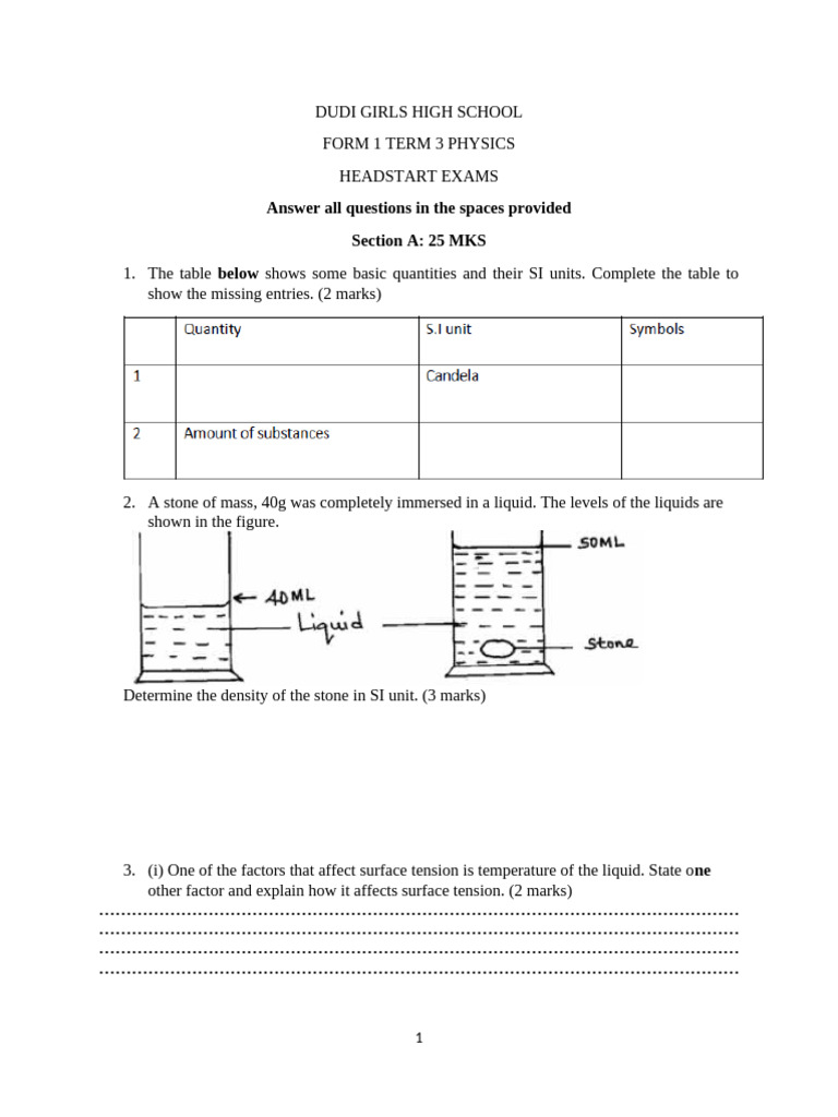 Form 1 Physics Headstart Exam Guide | PDF | Liquids | Surface Tension