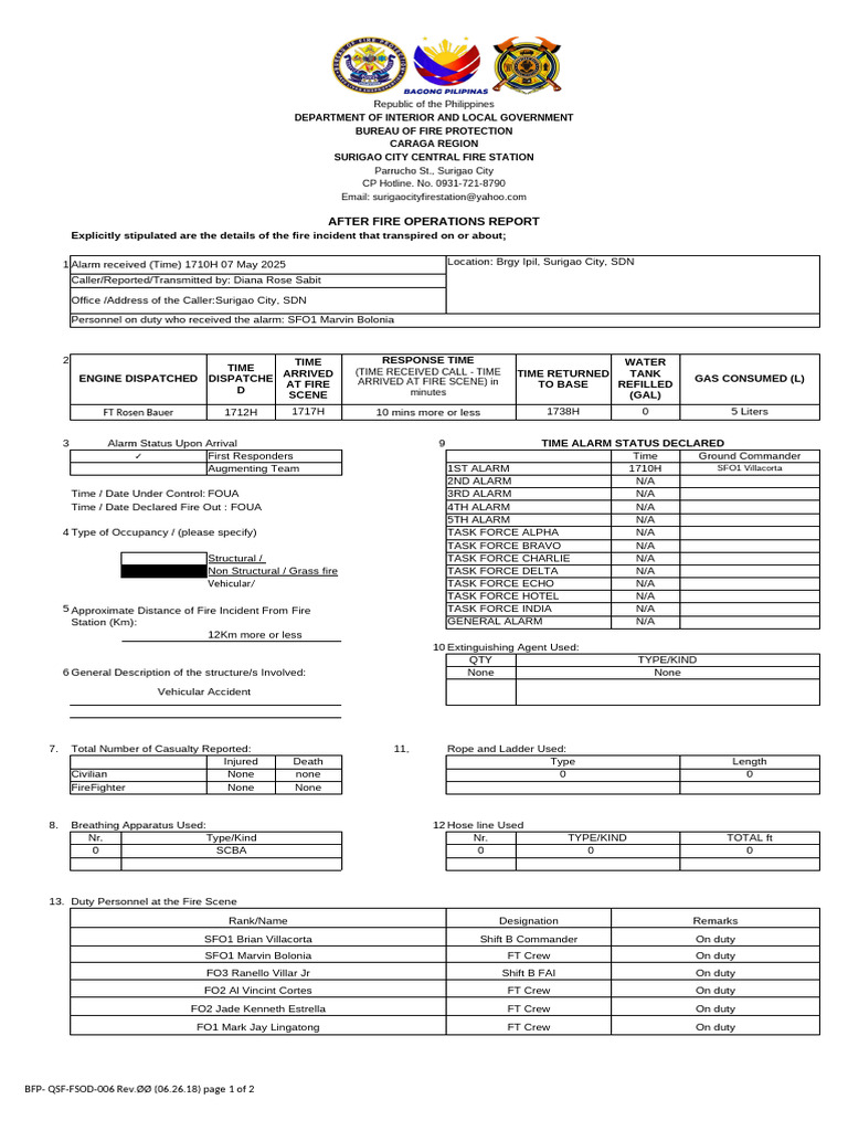 Surigao City Fire Operations Report | PDF | Public Safety | Firefighting