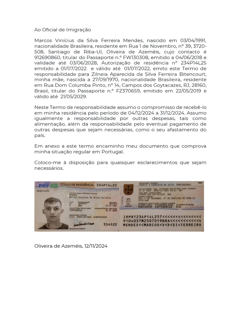 Termo de Responsabilidade para Imigração | PDF