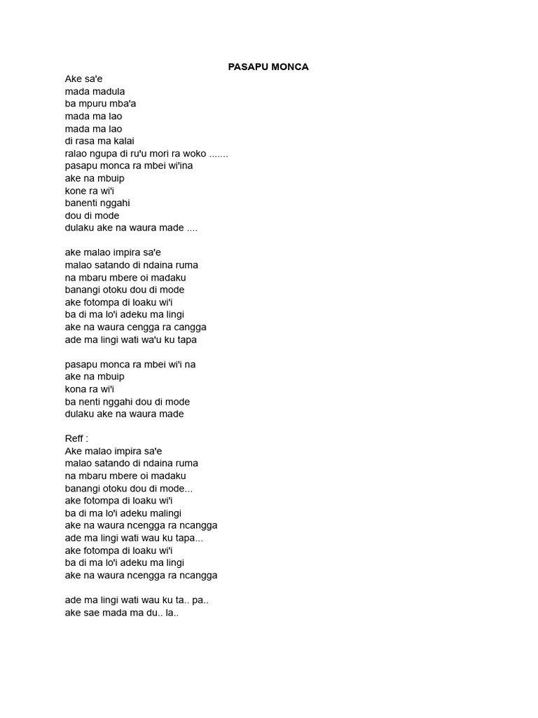 Lirik Lagu Pasapu Monca | PDF