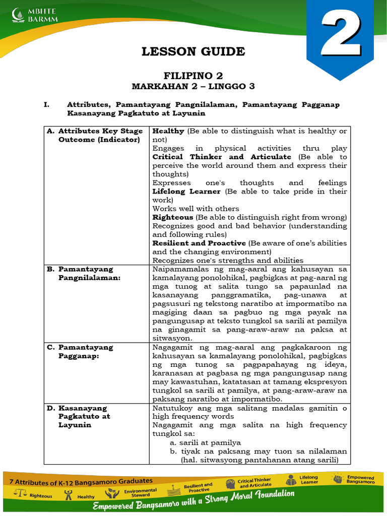 Lesson Guide: Filipino 2 | PDF