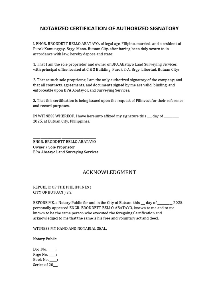 Notarized Signatory Certification | PDF