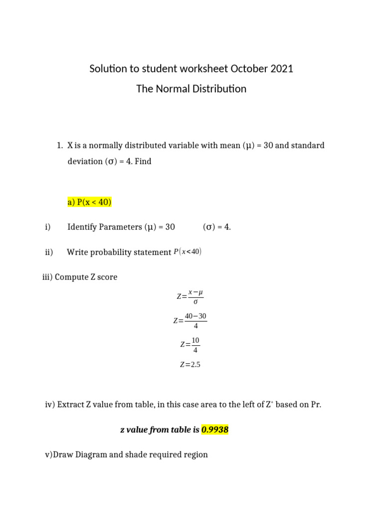 Normal Distribution Student Work Sheet Solution October 26th | PDF ...