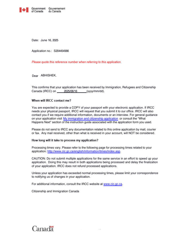 IRCC Application Confirmation Notice | PDF