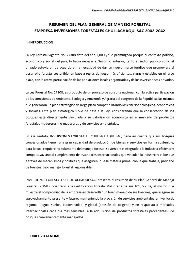 PGMF Inversiones Forestales Chullachaqui | PDF | Los bosques | Residuos