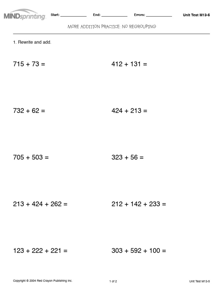 Addition Practice Test Without Regrouping | PDF