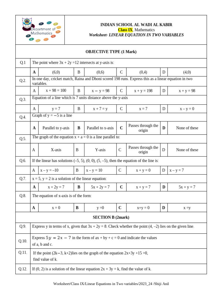Class IX Linear Equations Worksheet | PDF | Equations | Cartesian ...