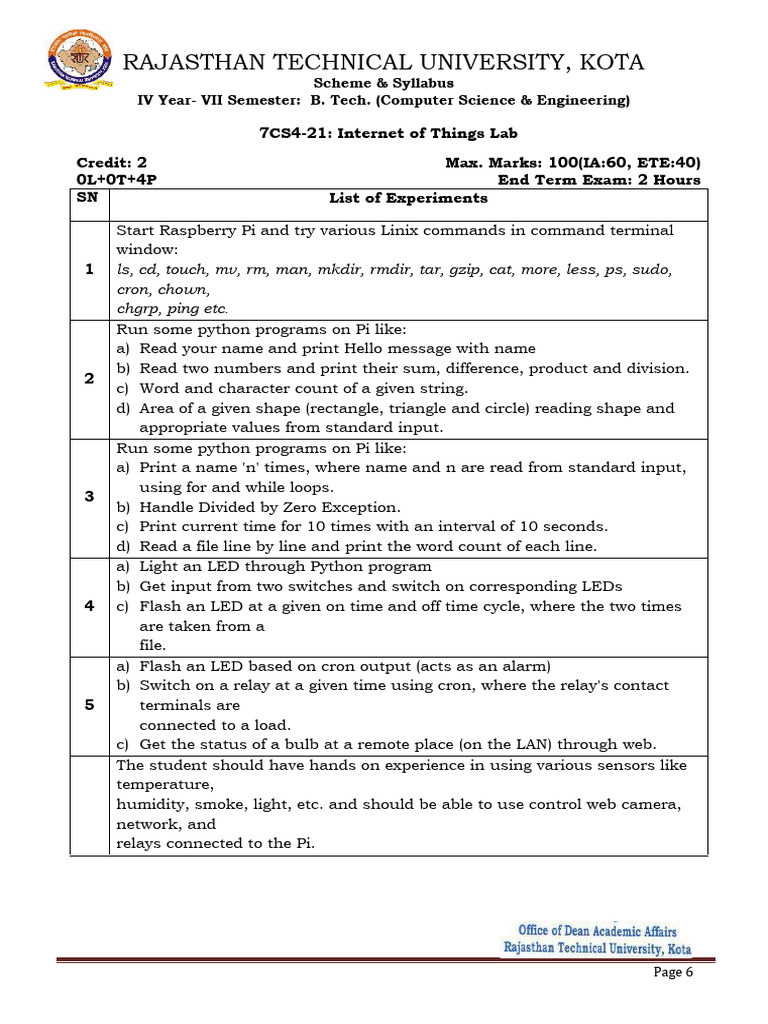 IoT Lab Syllabus for B.Tech CS Students | PDF