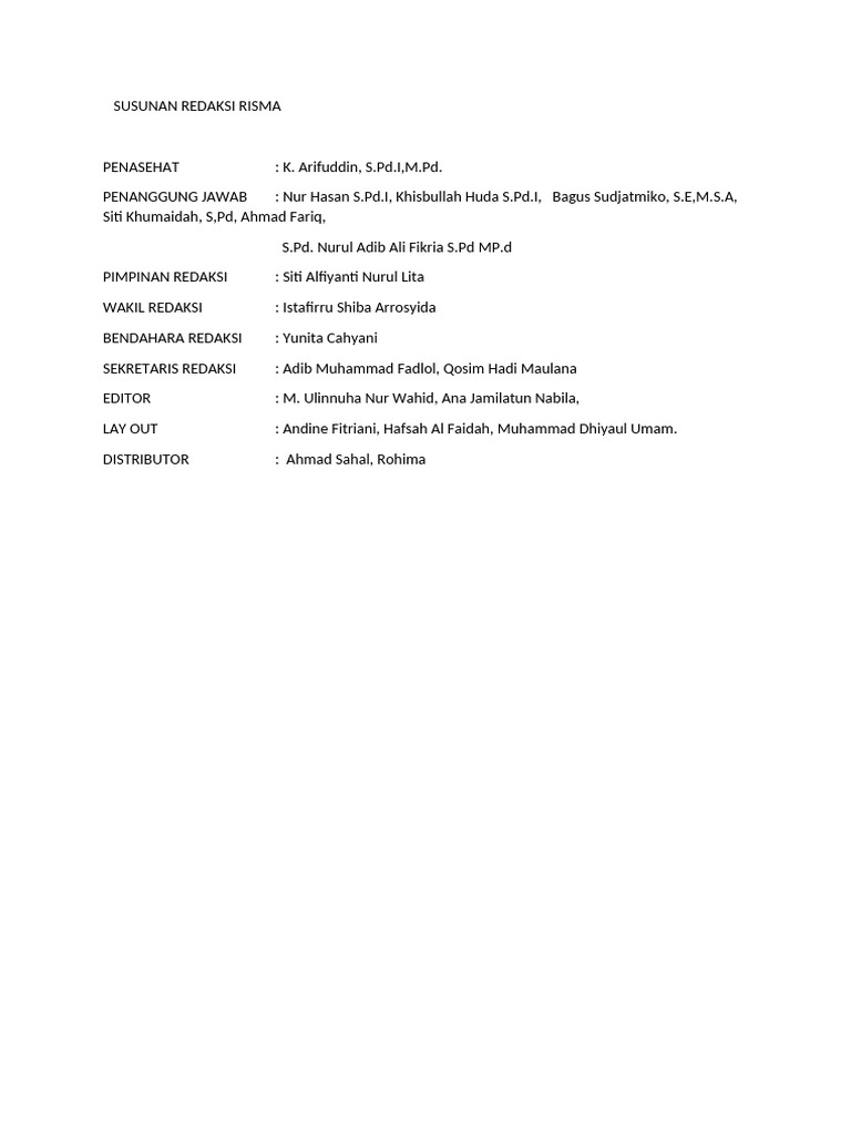 Susunan Redaksi Risma 2023 | PDF