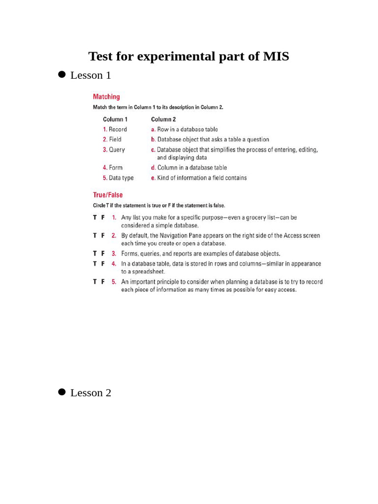 Test For Experimental Part of MIS | PDF