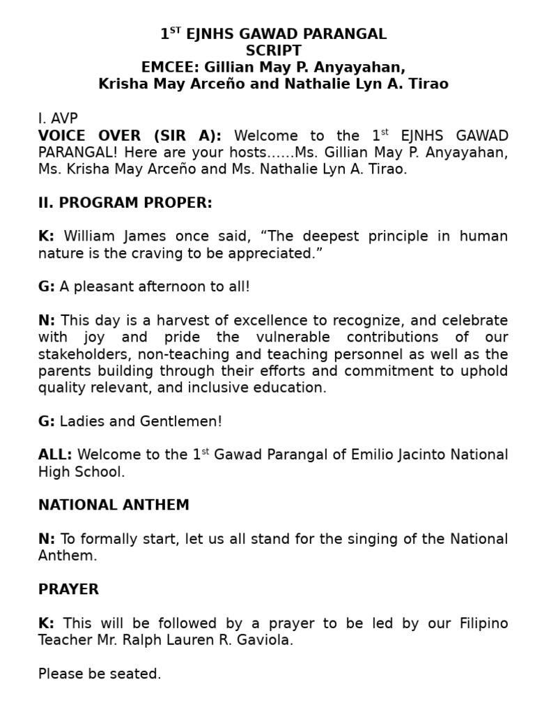 1st EJNHS Gawad Parangal Ceremony Script | PDF