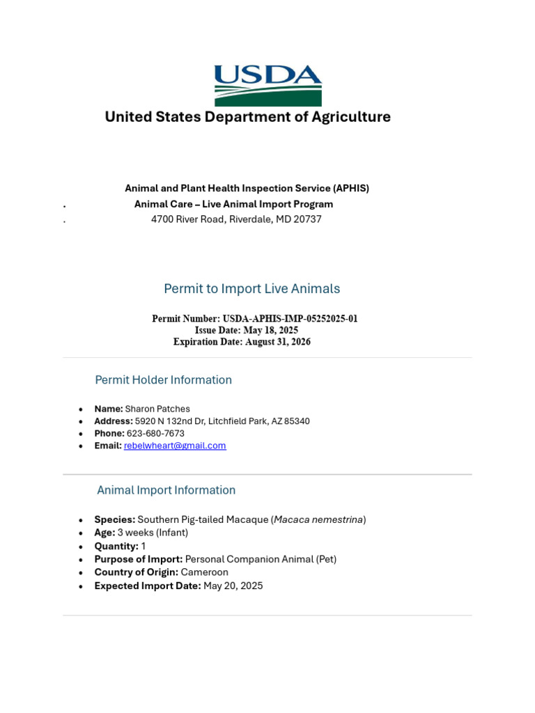 USDA Permit for Southern Macaque Import | PDF