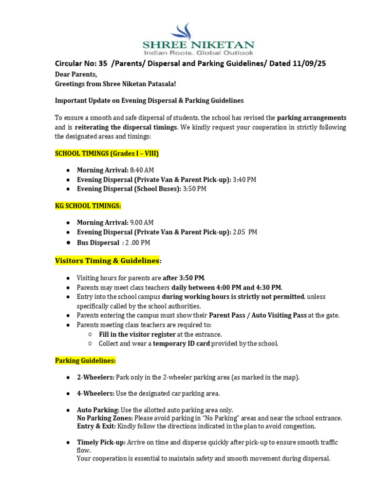 Parent Circular - Dispersal and Parking Plan-11.9.25 | PDF