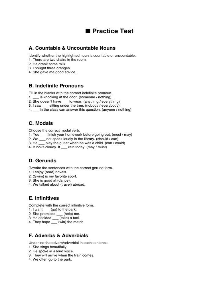 Grammar Practice Test: Nouns, Modals, & More | PDF