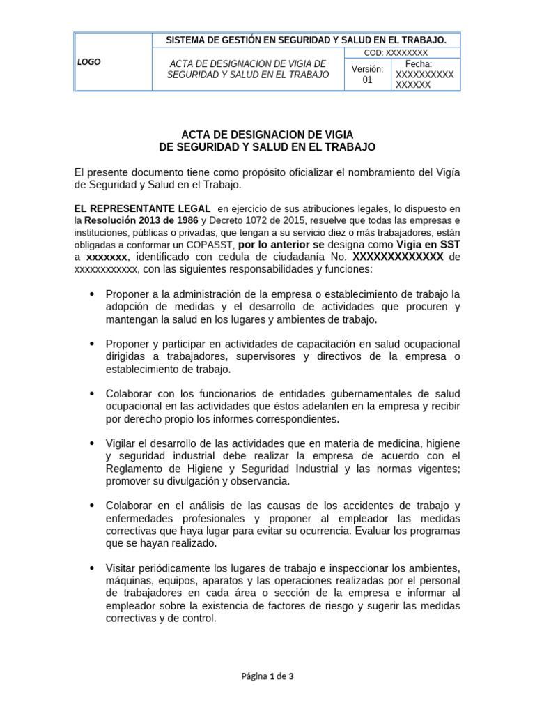 Acta de Designación Vigía SST | PDF | Seguridad y salud ocupacional ...