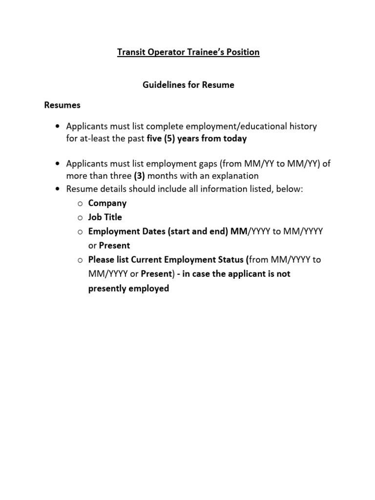 Resume Guidelines for Transit Operators | PDF