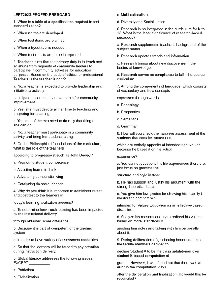 LEPT 2023 Preboard Exam Questions | PDF | Learning | Teachers
