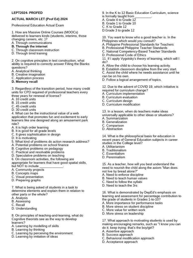 Prof Ed Exam Review Questions 2024 | PDF | Learning | Curriculum