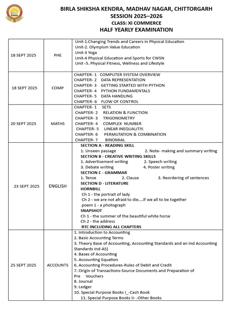 Class XI Commerce Half-Yearly Exam 2025 | PDF | Average | Mathematics