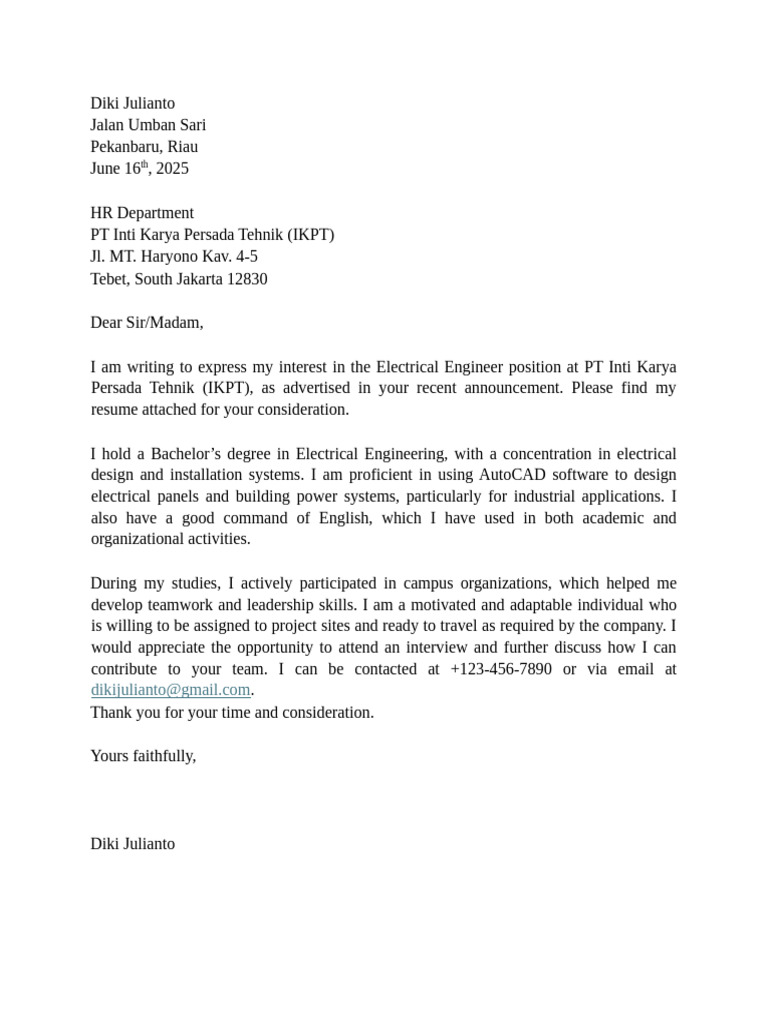 Electrical Engineer Application Letter | PDF