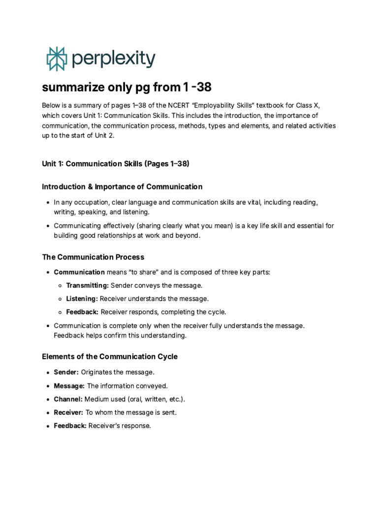 Communication Skills Summary for Class X | PDF | Communication | Part ...