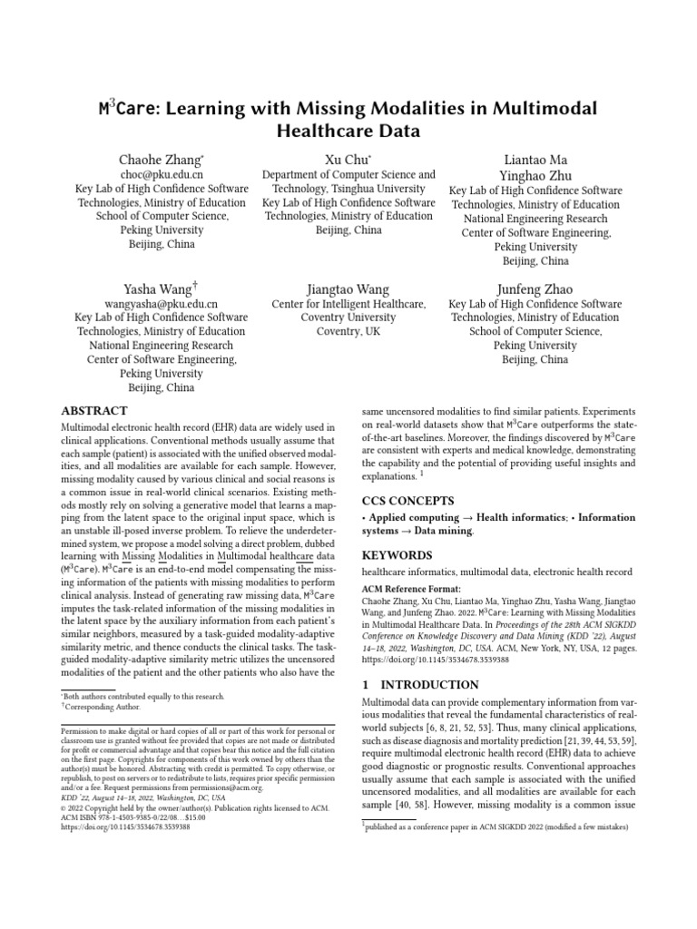 M3Care: Addressing Missing Modalities in EHR | PDF | Medical Imaging ...