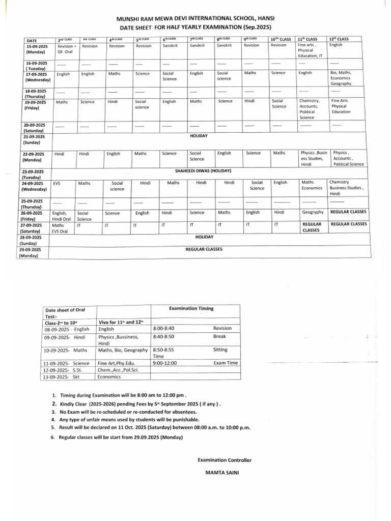 Datesheet For Half Yearly Exam (Sep 2025) | PDF